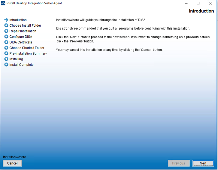 Screenshot 2, Installing & Configuring the Desktop Integration Siebel Adapter (DISA) (after: Install 1. Download the DISA installer from Oracle Support…)