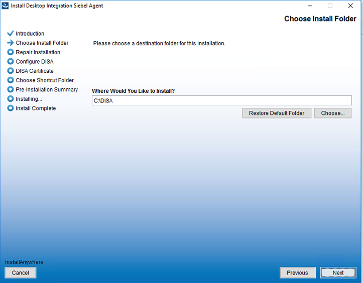 Screenshot 3, Installing & Configuring the Desktop Integration Siebel Adapter (DISA) (after: Install 1. Download the DISA installer from Oracle Support…)