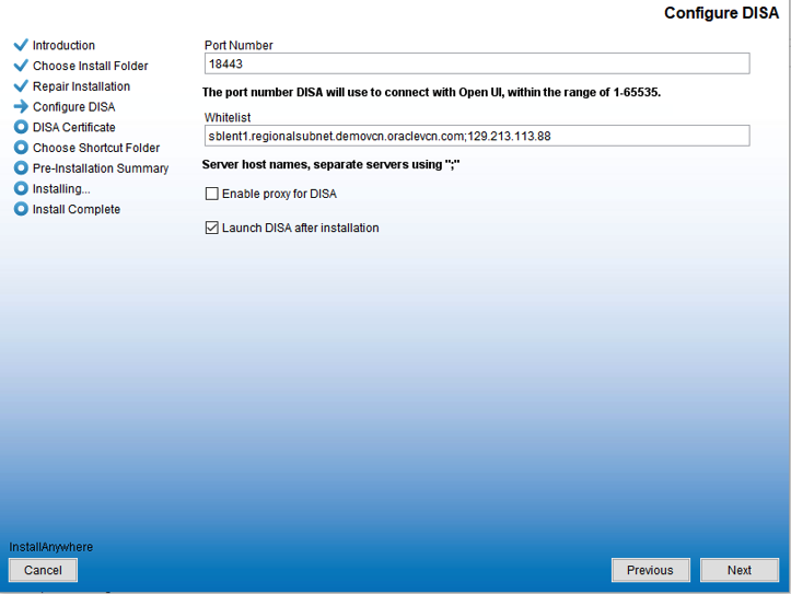 Screenshot 4, Installing & Configuring the Desktop Integration Siebel Adapter (DISA) (after: Install 1. Download the DISA installer from Oracle Support…)