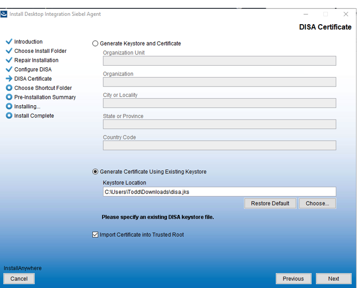 Screenshot 5, Installing & Configuring the Desktop Integration Siebel Adapter (DISA) (after: 3. Enter the default port number 18443 in the Port Number field. Enter the…)