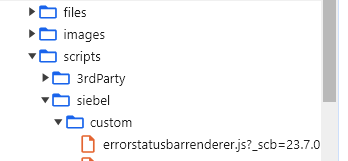 Browser developer tools file tree showing errorstatusbarrenderer.js loaded from scripts/siebel/custom