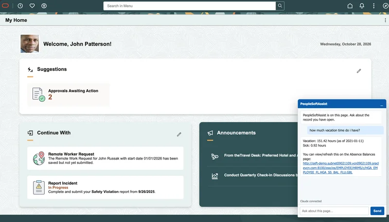 PeopleSoft My Home page with a PeopleSoftAssist chat panel open at the lower right. The user asked how much vacation time they have, and the assistant replied with vacation and sick hour balances and a link to the Absence Balances page.